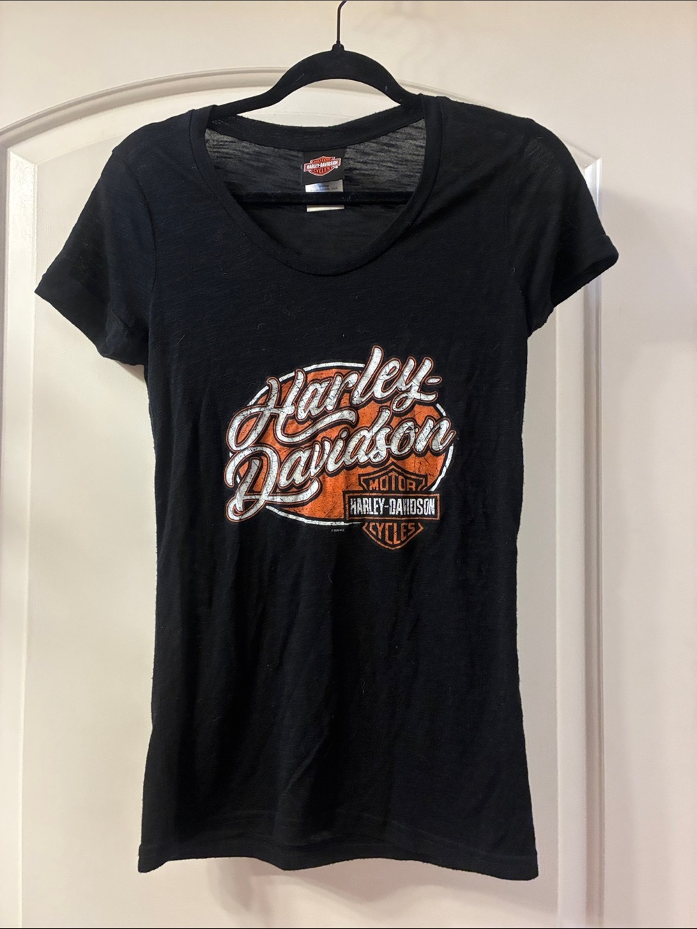 Harley-Davidson Black Tee with Orange and White Script Logo